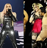 Madonna durante apresentação em 2 fotos