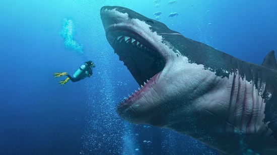 Ilustração do gigante tubarão Megalodon