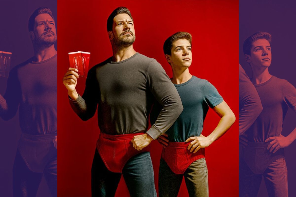 Homem e garoto vestindo uma cueca vermelha