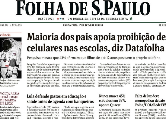 Capa do jornal Folha de São Paulo