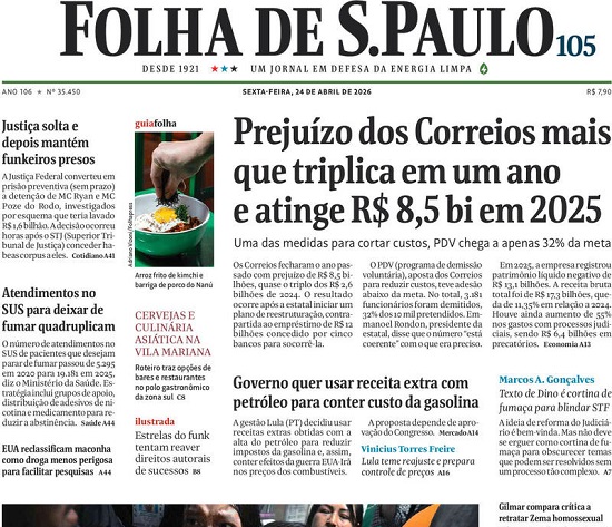 Capa do jornal Folha de São Paulo