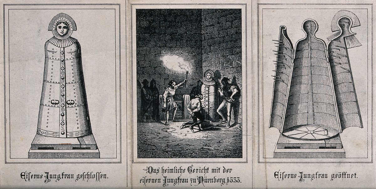 Uma ilustração da “donzela de ferro”, um suposto instrumento de tortura que consiste em uma caixa em forma de caixão forrada com pontas de ferro. Nenhuma evidência de seu uso real foi encontrada.