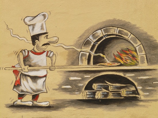 Ilustração com pizzaiolo tirando pizza do forno